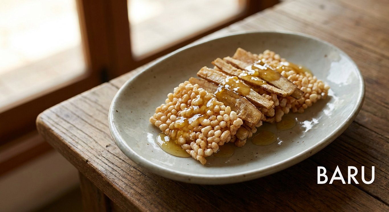 Temple-style Burdock & Sweet Rice Crisps with Citron Sauce (사찰식 우엉 찹쌀구이 유자소스)