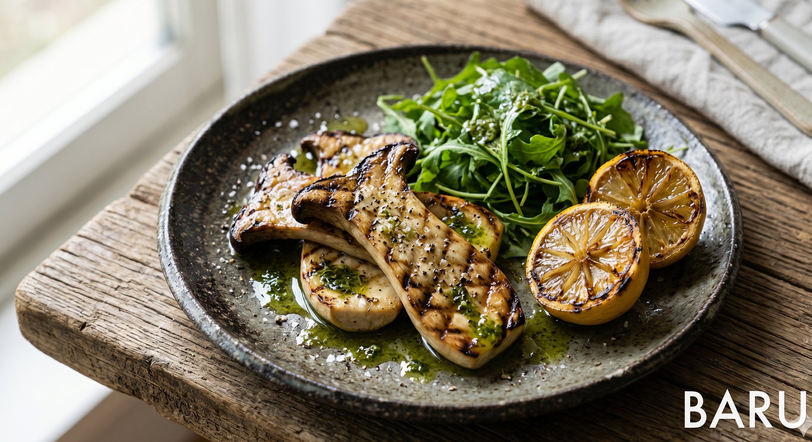 Grilled King Oyster Mushroom with Basil Oil (새송이버섯 바질오일구이)
