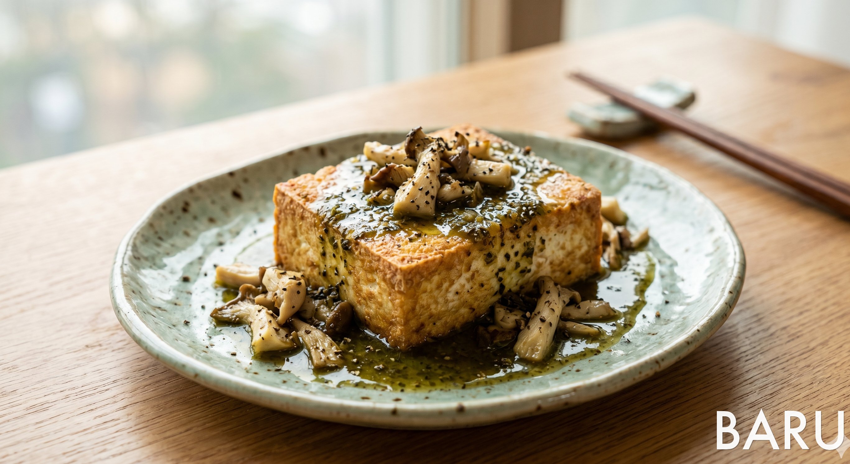 Air-fried Whole Tofu with Herb Sauce (에어프라이어 통두부 허브소스)