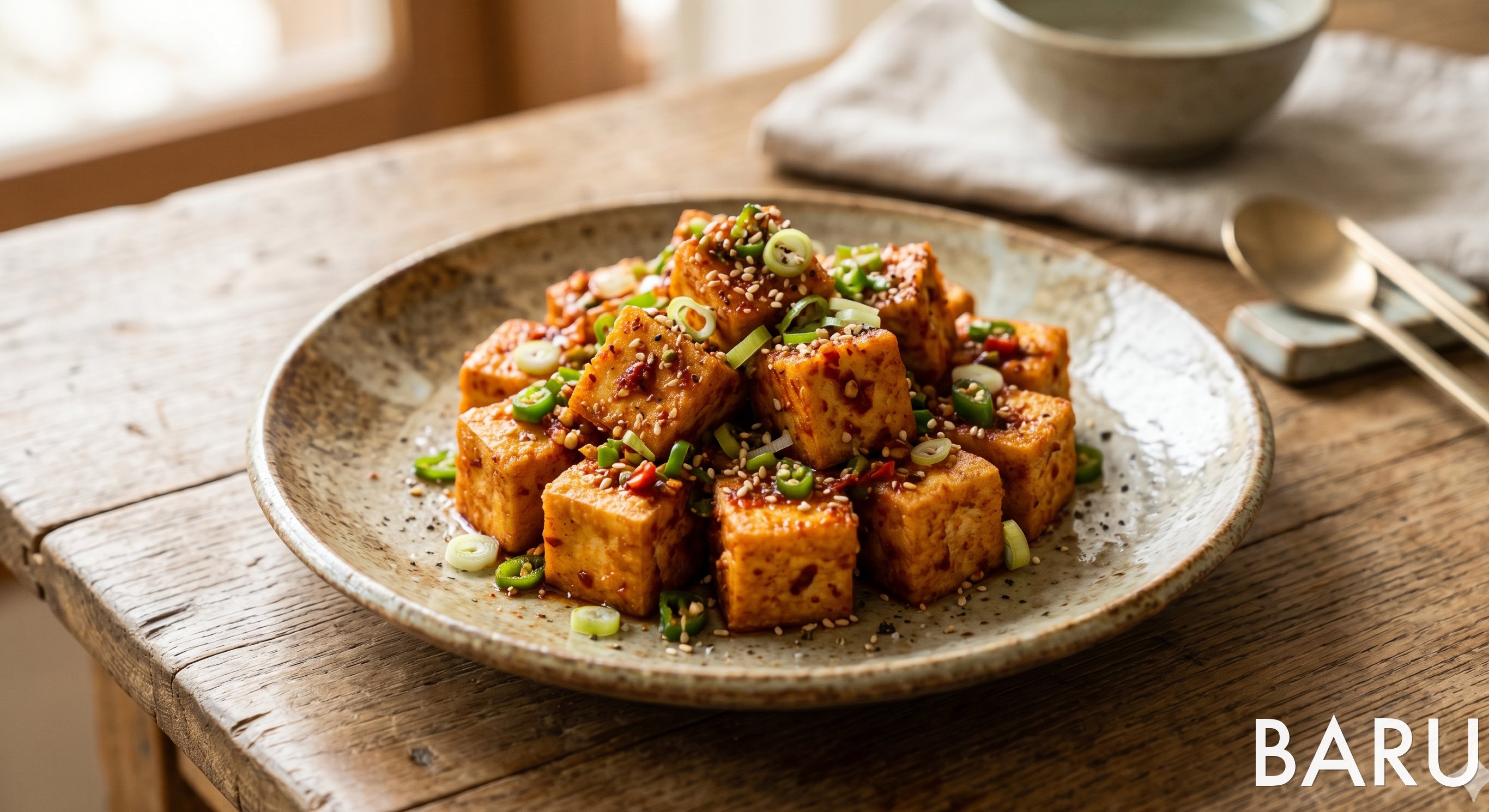 Air-fried Tofu with Spicy Sauce (에어프라이어 두부구이 매콤소스)