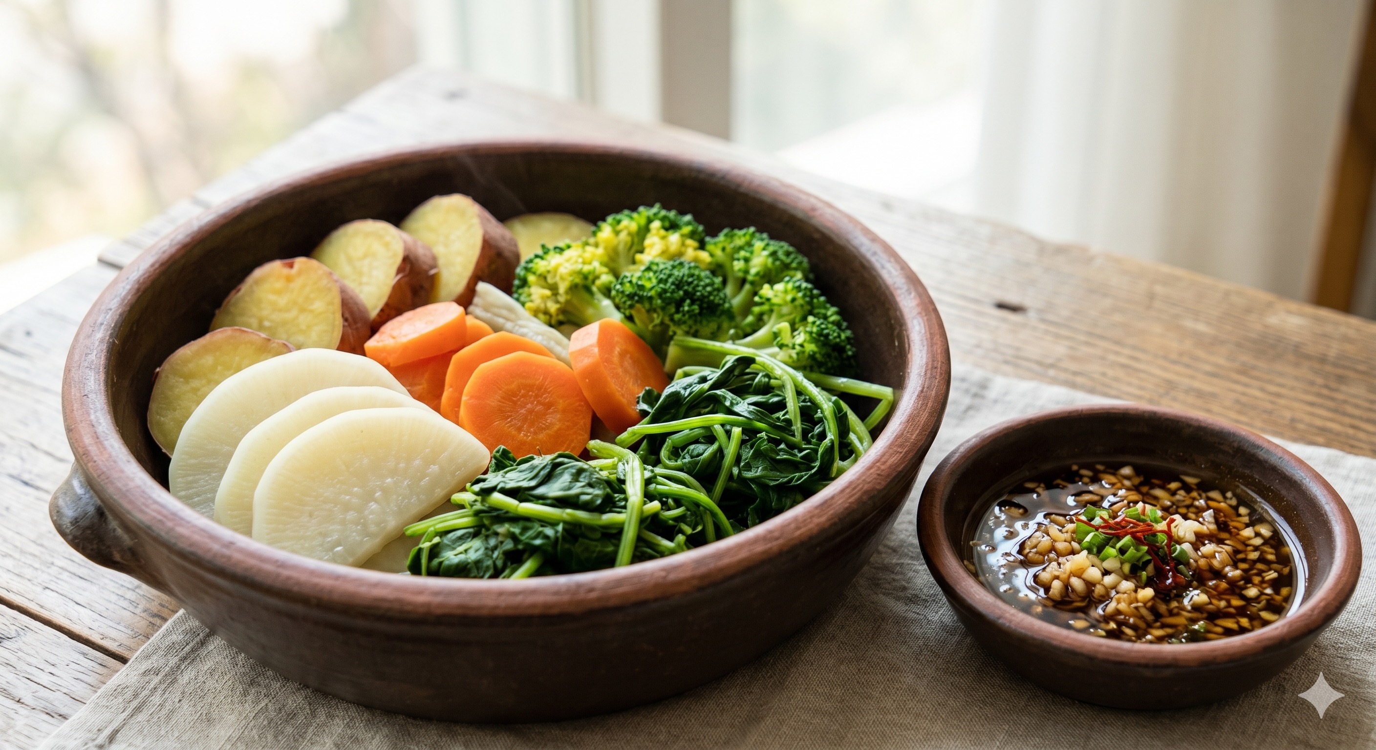 Steamed Vegetables with Perilla Oil Dipping Sauce (진서연 자연식물식 야채찜)