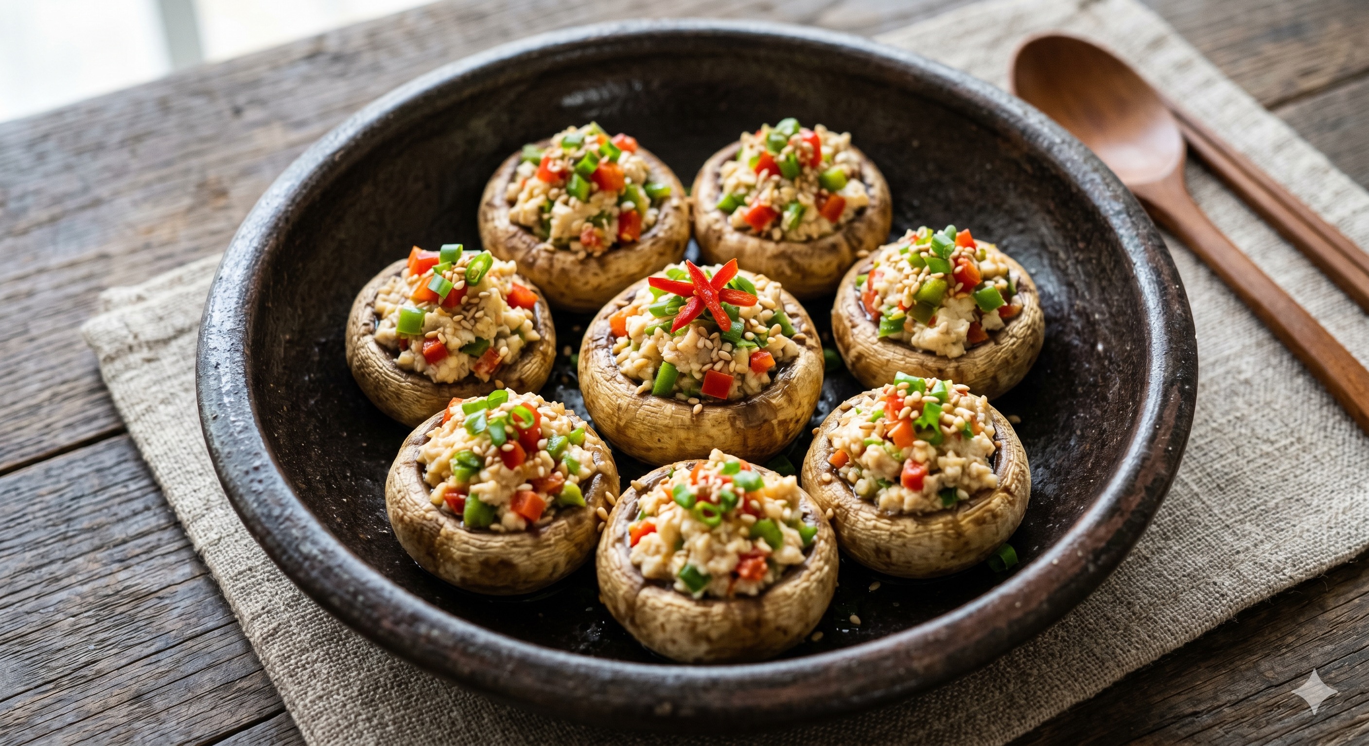 Temple-style Stuffed Mushrooms with Tofu (사찰식 양송이버섯 두부채움)