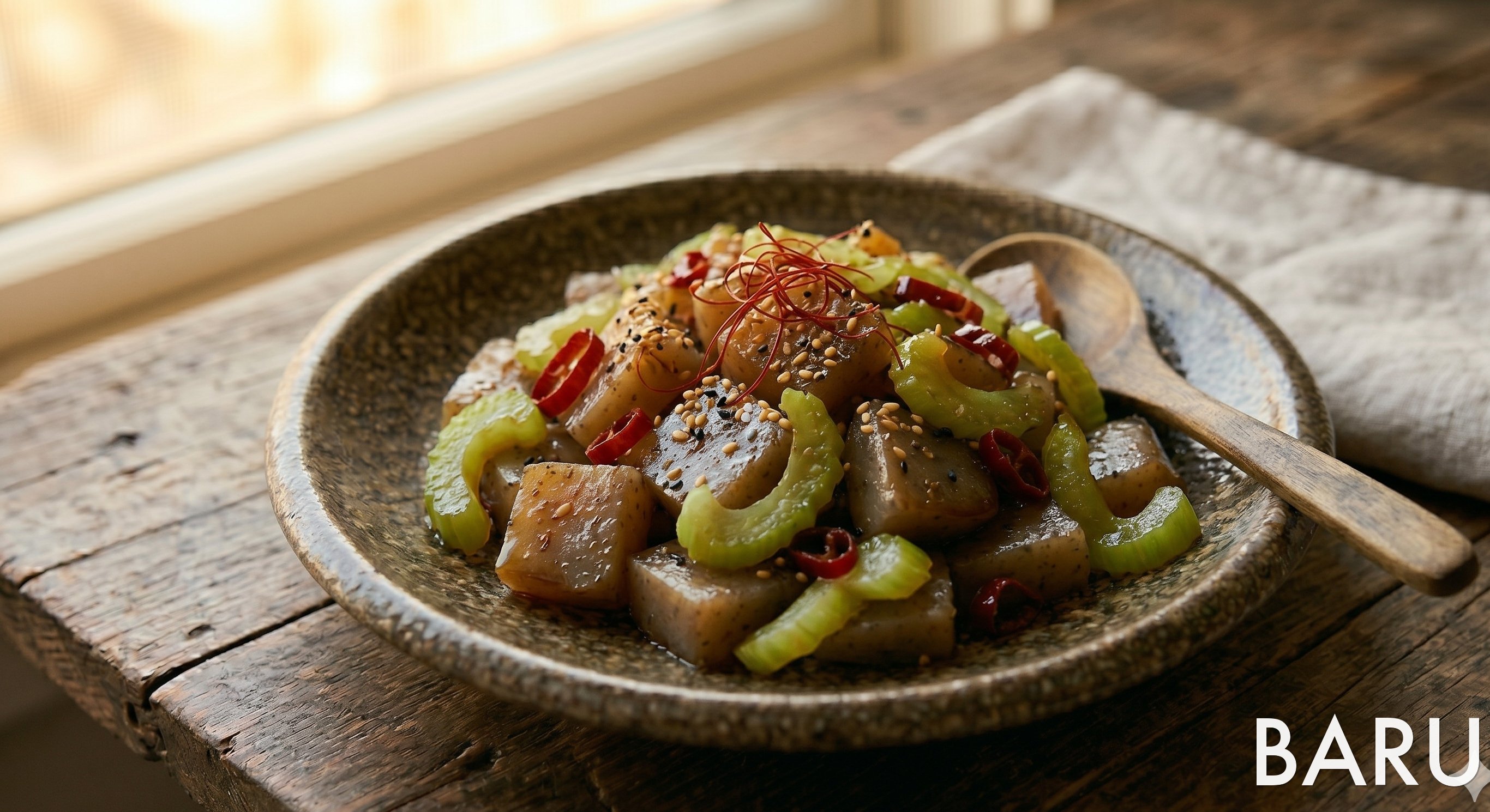 Sweet and Spicy Celery-Konnyaku Stir-Fry (셀러리 곤약 볶음)