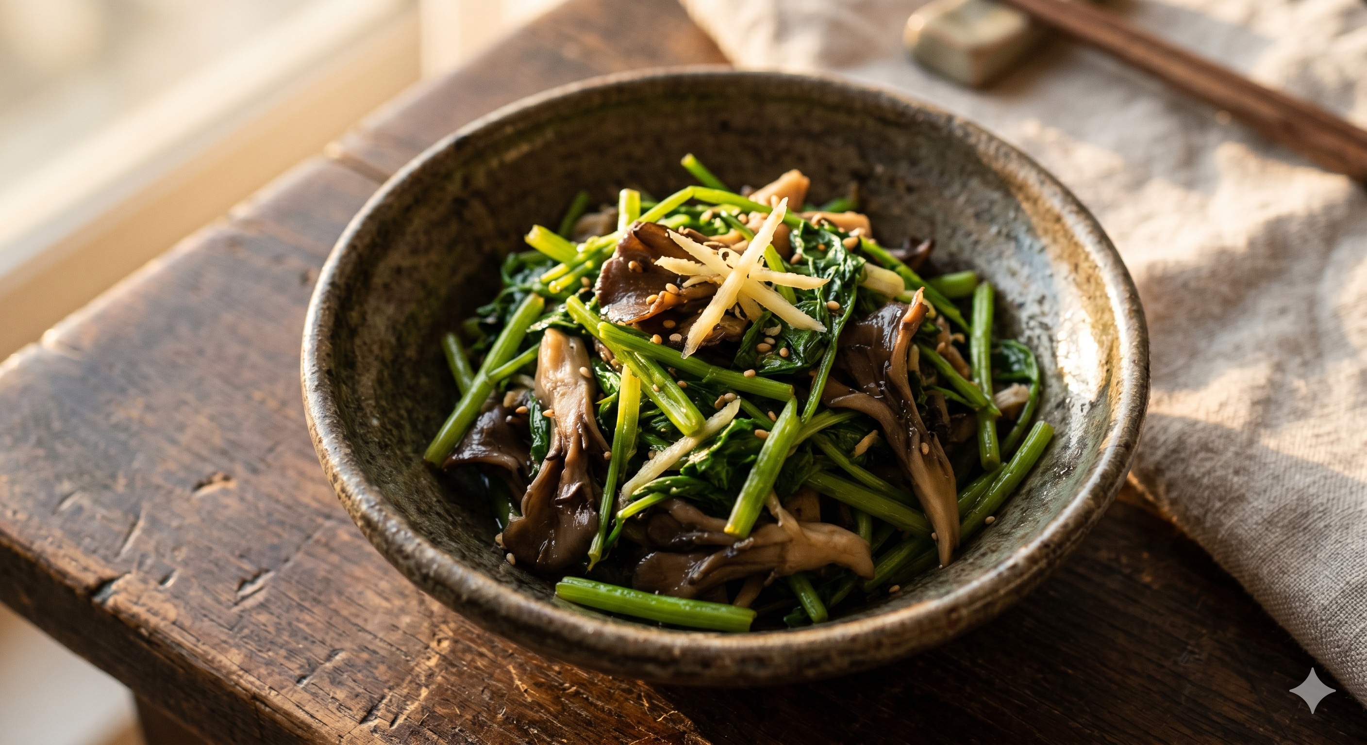 Water Parsley and Mushroom Olive Oil Stir-Fry (미나리 버섯 올리브유 볶음)