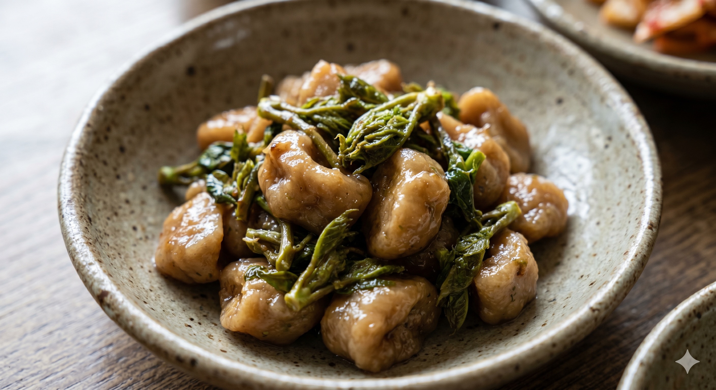 Handmade Wheat Gluten with Udo Kinpira (수제 정진 생밀기울떡 두릅 볶음 곁들임)