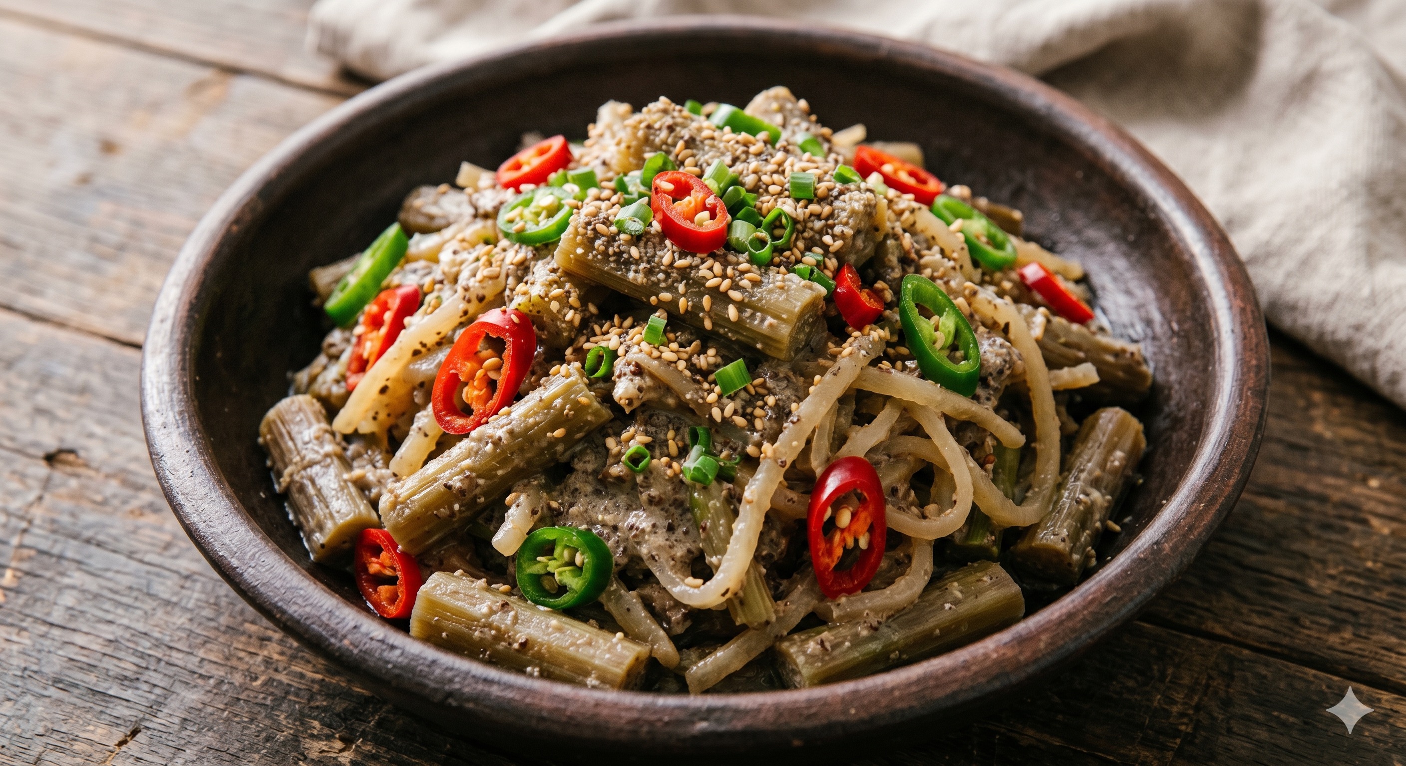 Butterbur Stem & Radish Stir-fry with Perilla Seeds (머위대 무들깨볶음)