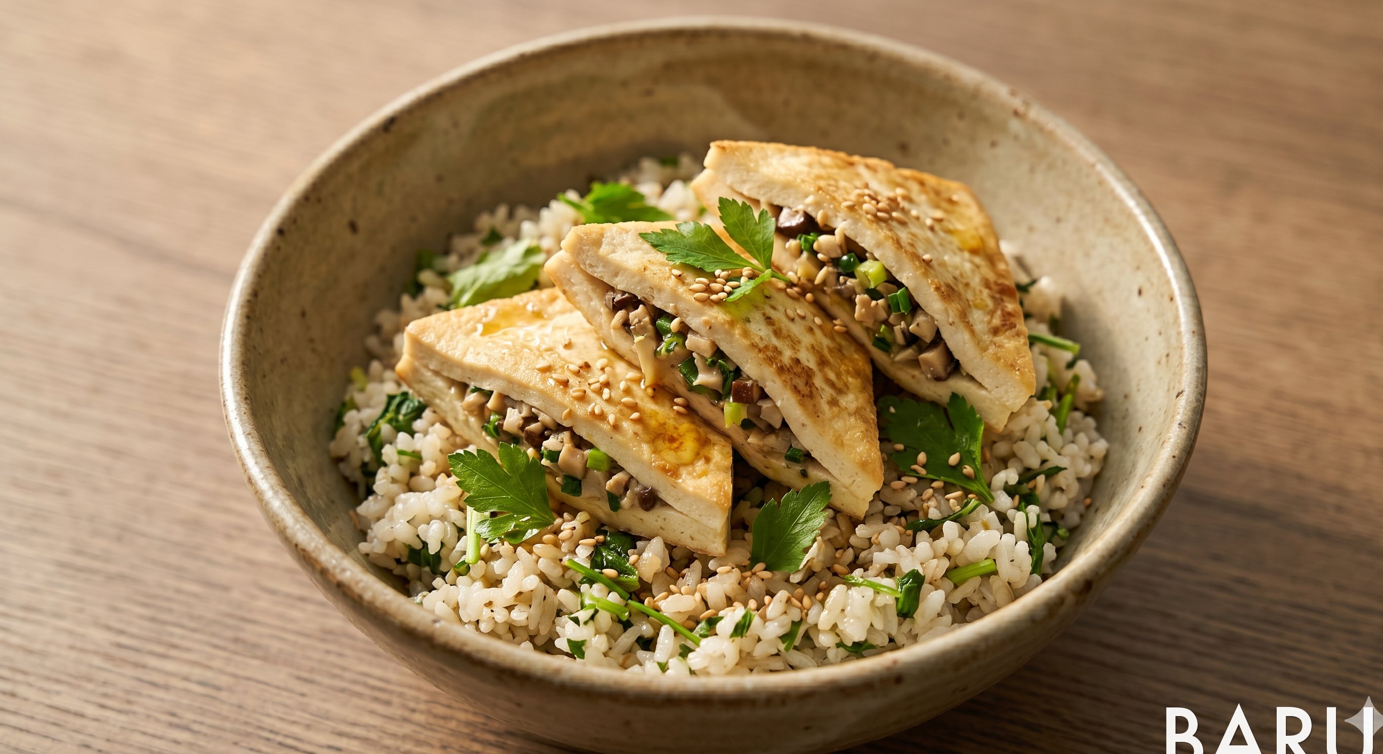 Stuffed Tofu Triangles with Water Parsley Rice (미나리 밥 두부선)