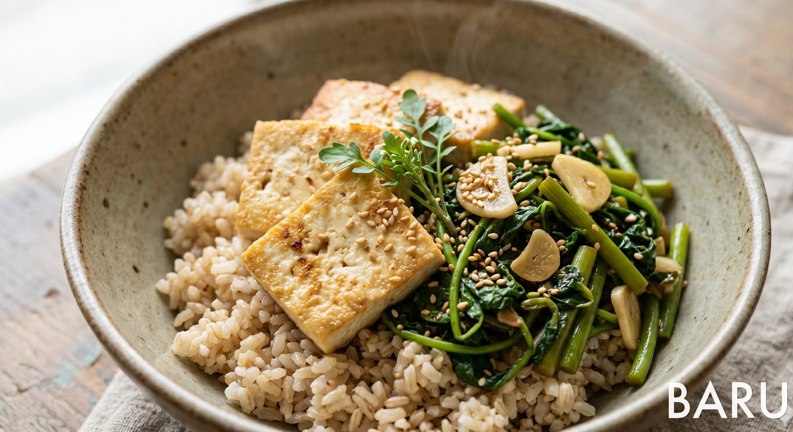 Tofu, Shepherd's Purse & Garlic Scape Rice Bowl (냉이 마늘쫑 두부 덮밥)