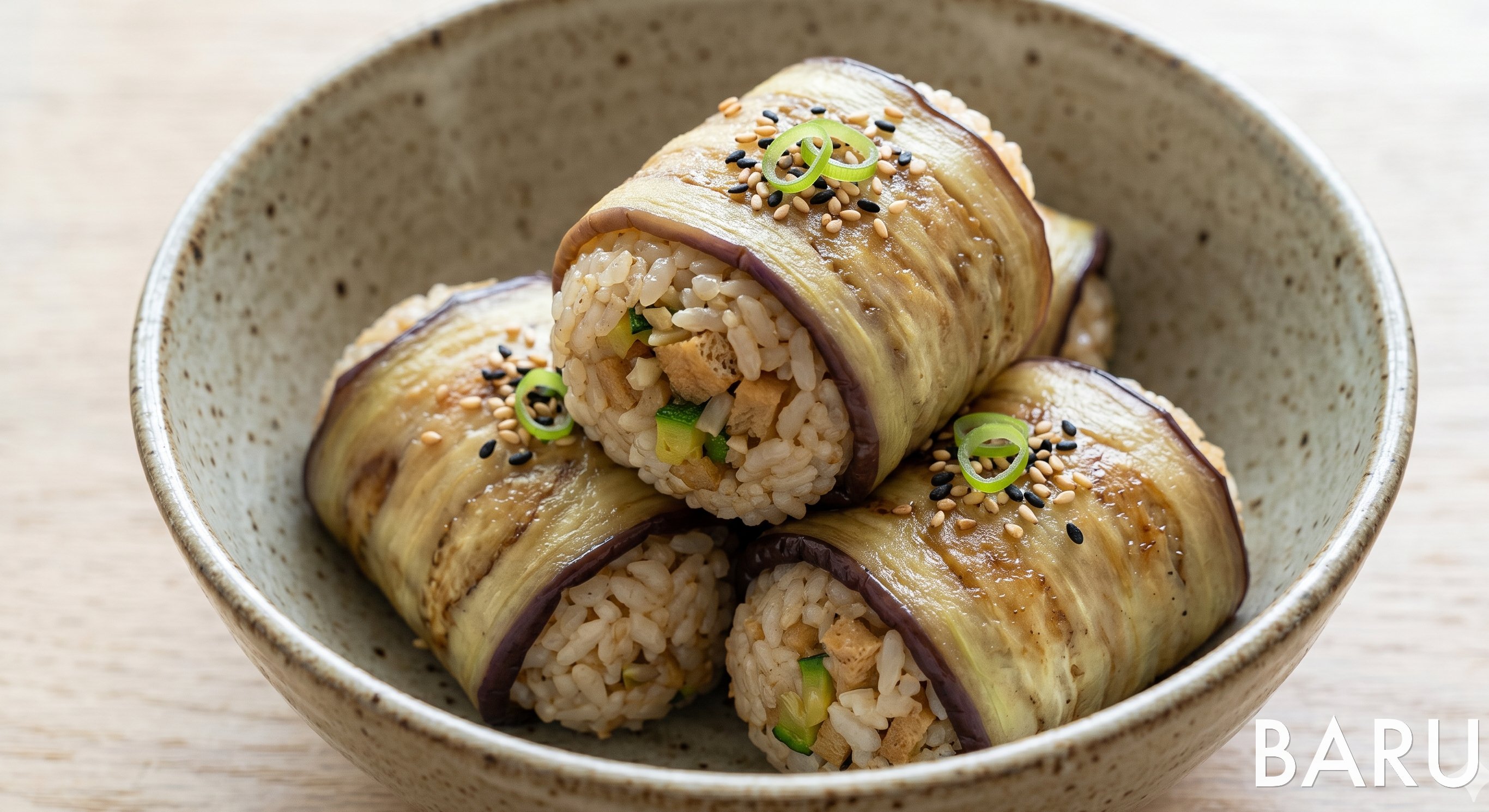 Eggplant-wrapped Rice Balls with Tofu Filling (가지 주먹밥 두부 속)