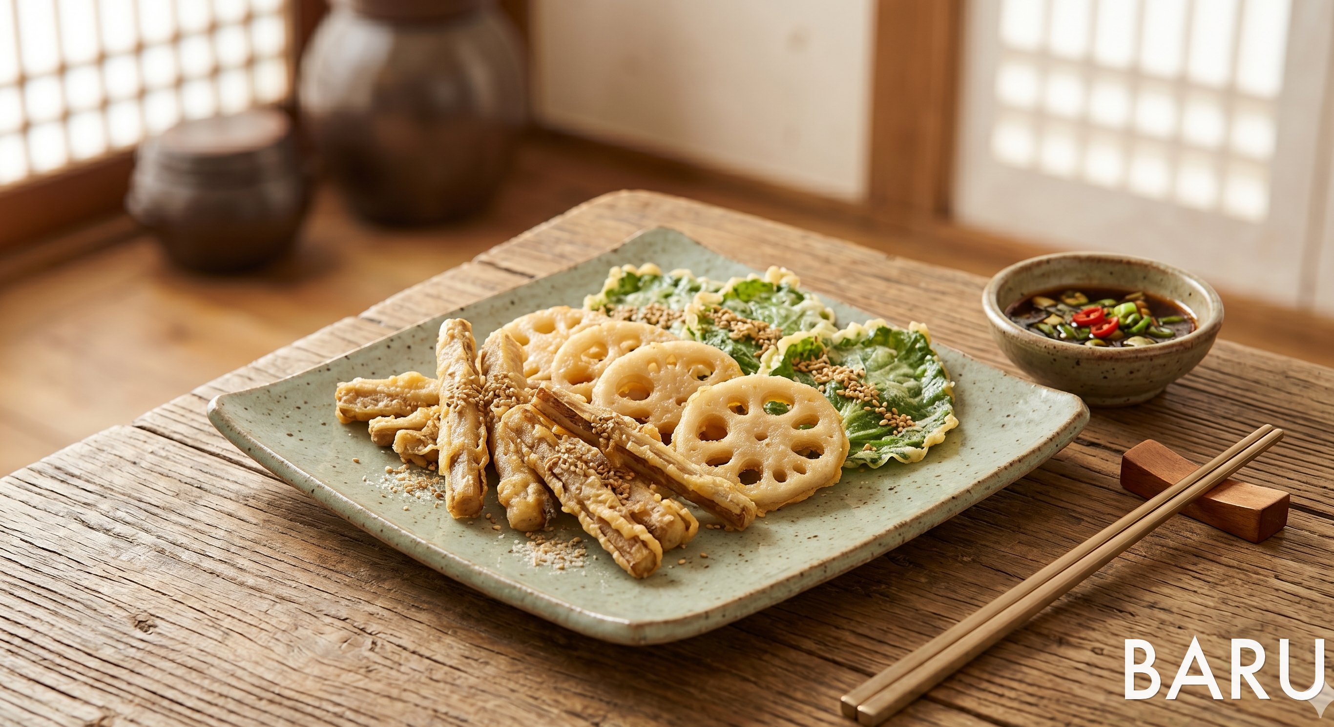 Temple-style Three Dishes (Burdock, Lotus Root & Bomdong Jeon) (사찰식 우엉 연근 봄동 전)