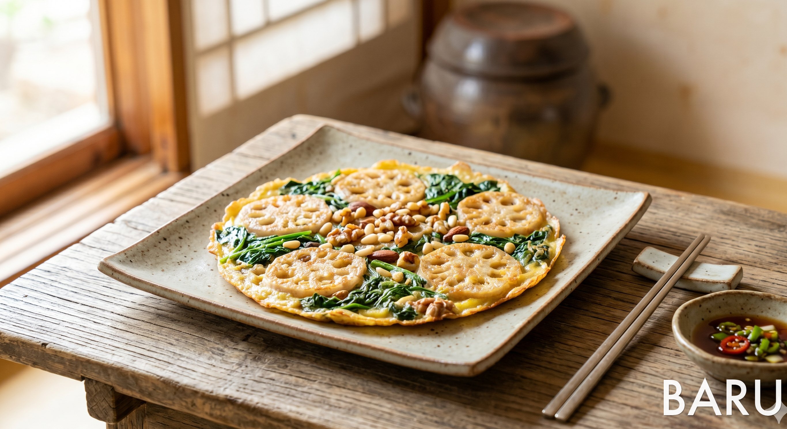 Lotus Root and Spinach Jeon with Nuts (연근 시금치 전)
