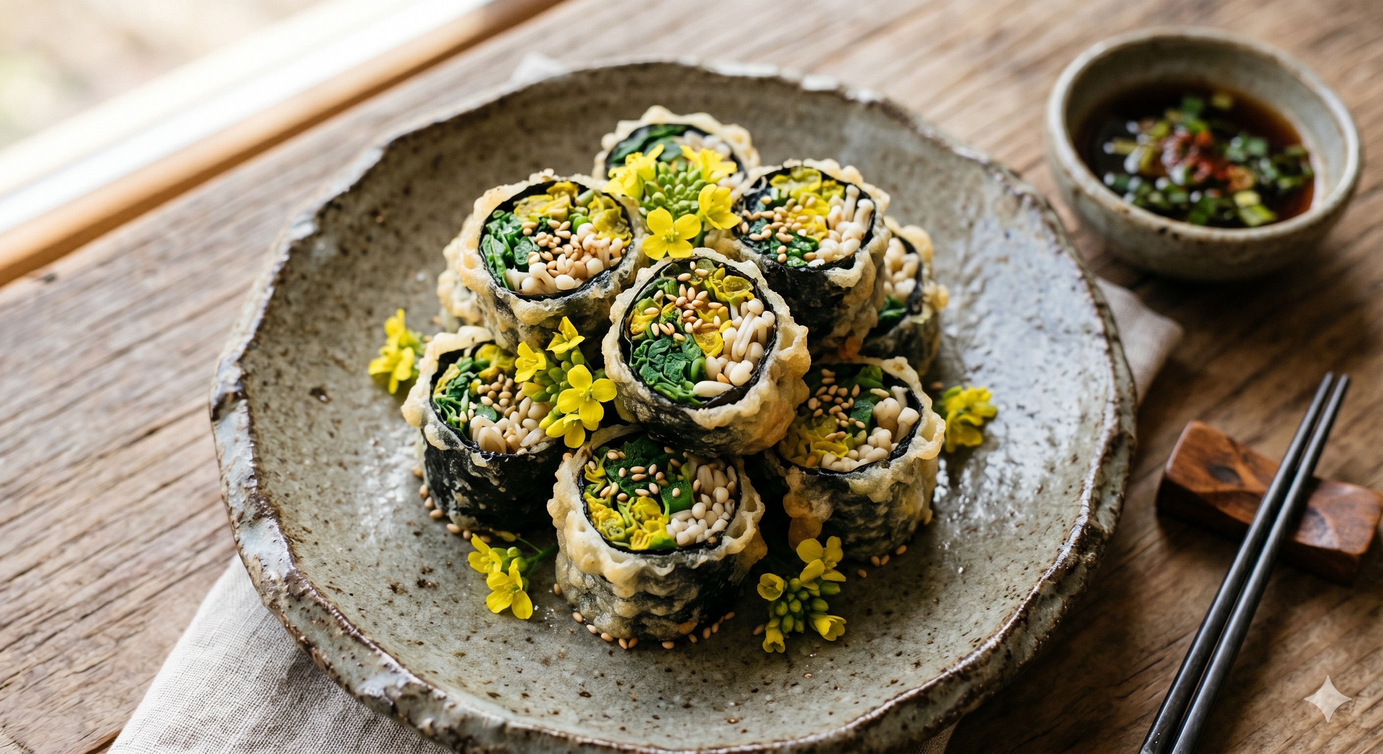 Rapeseed and Enoki Nori Roll Tempura (유채꽃 팽이버섯 김말이 튀김)