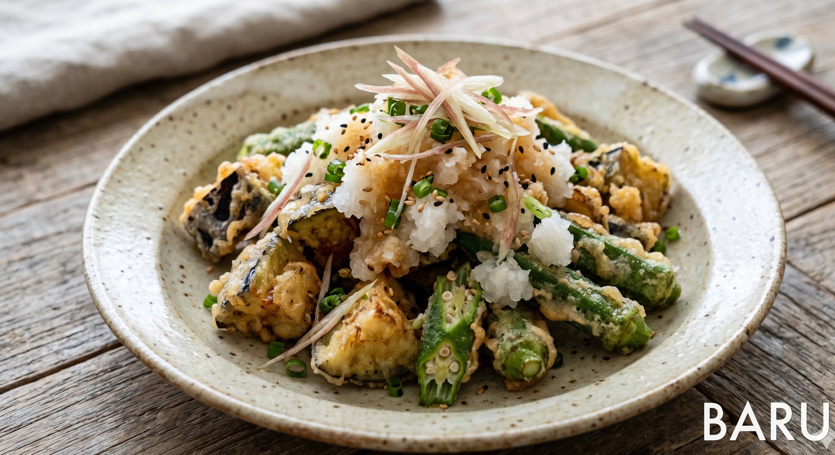 Fried Eggplant and Okra with Grated Radish (가지 오크라 튀김 무즙 무침)