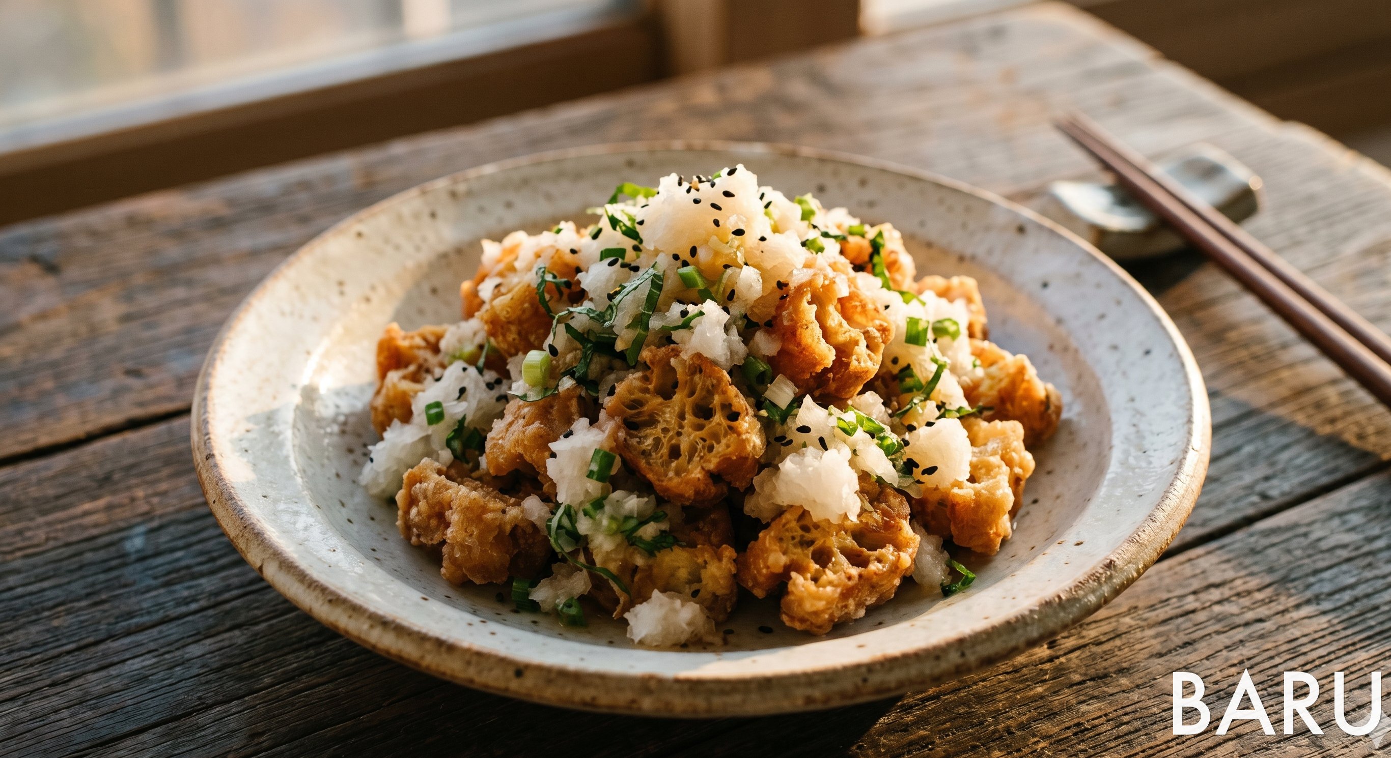 Fried Wheat Gluten with Grated Radish (생밀기울떡 튀김 무즙 무침)