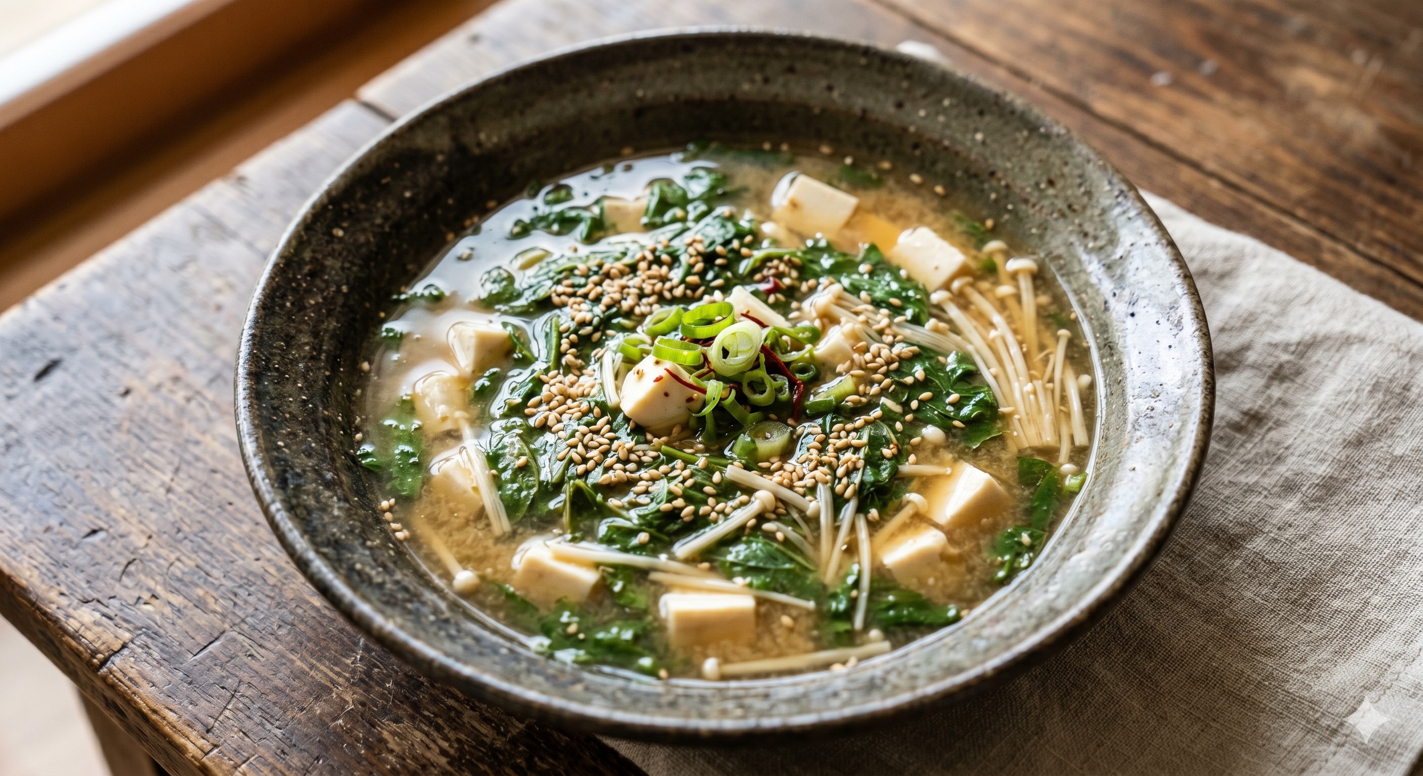 Molokhia and Tofu Miso Soup (모로헤이야 두부 된장국)