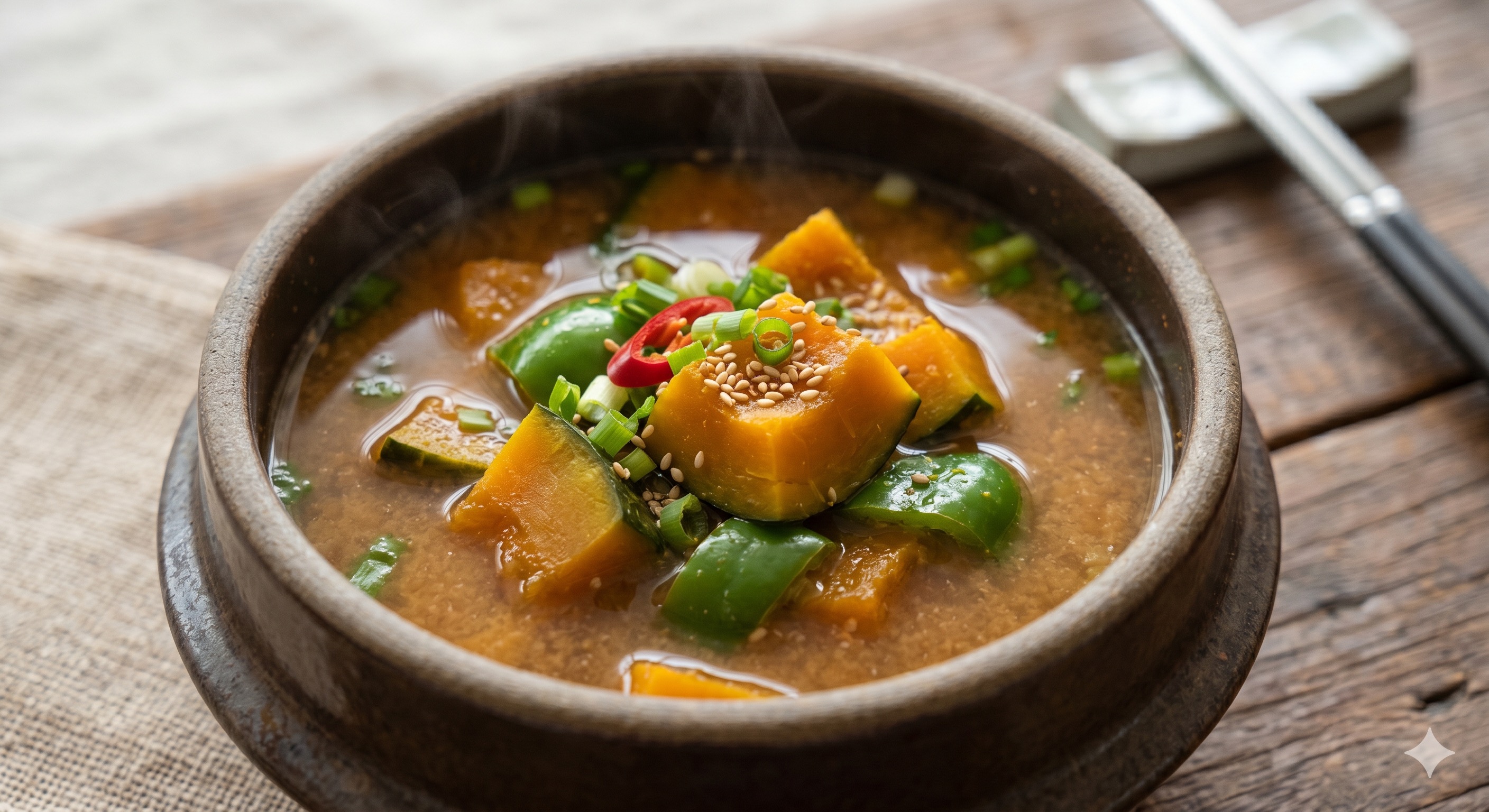 Kabocha Squash and Green Pepper Miso Soup (단호박 피망 된장국)