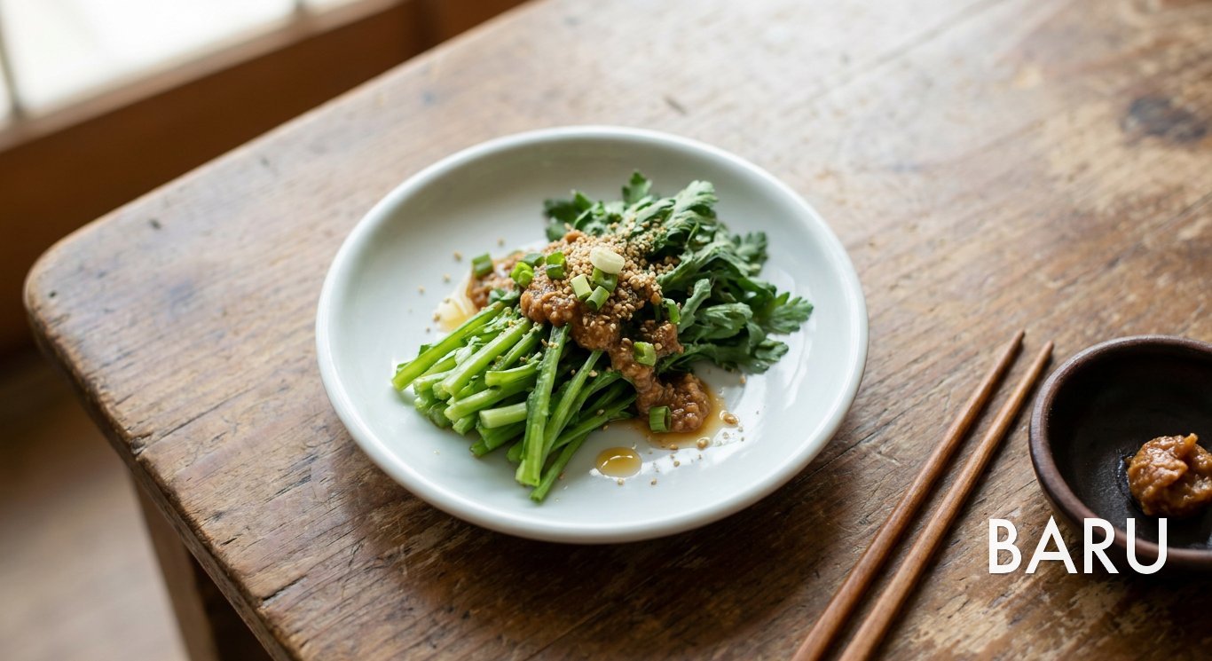 Crown Daisy (Ssukgat) Namul with Doenjang (쑥갓무침)