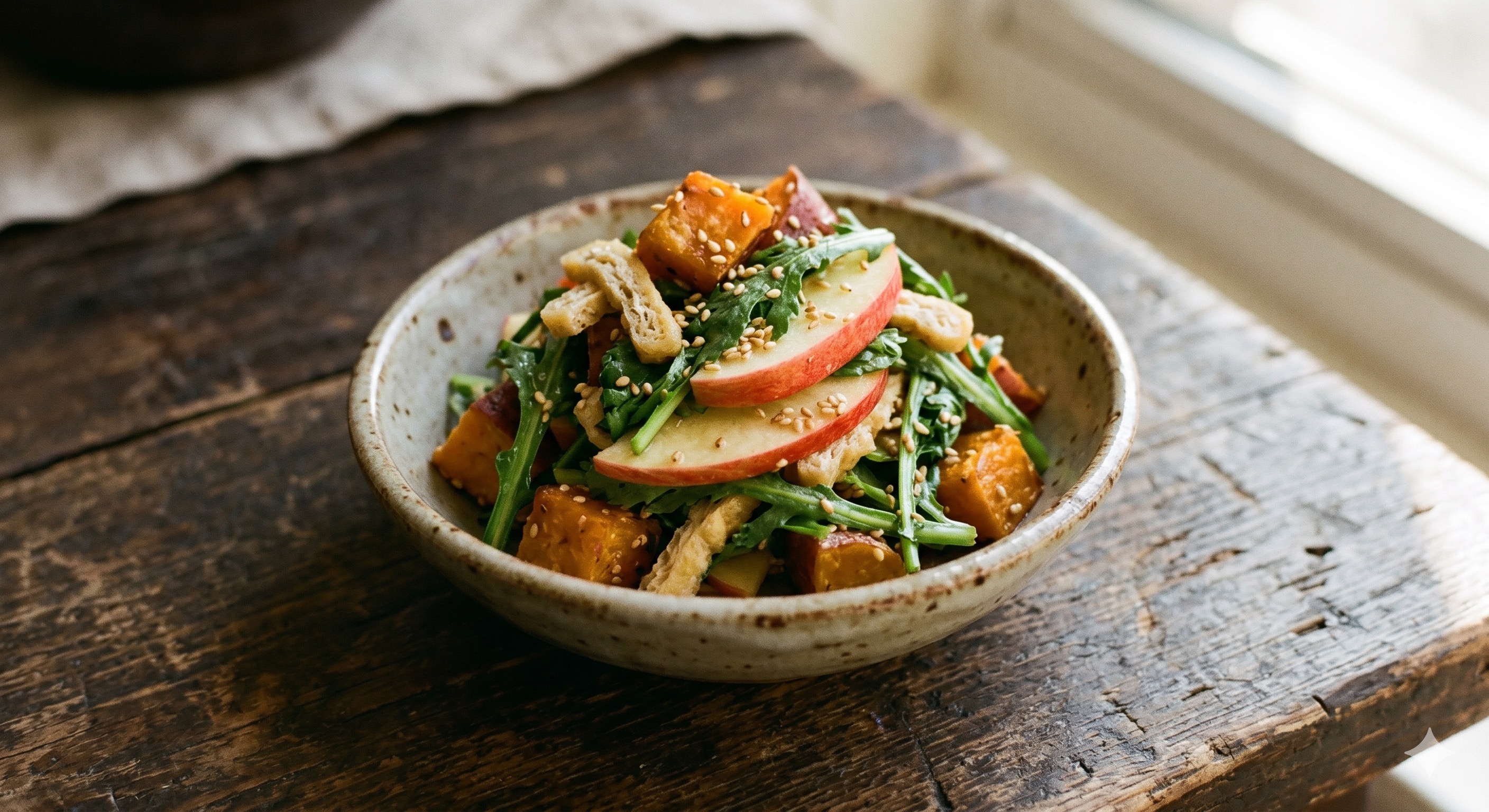 Sweet Potato, Apple, and Crown Daisy Sesame Vinegar Salad (고구마 사과 쑥갓 참깨초 무침)